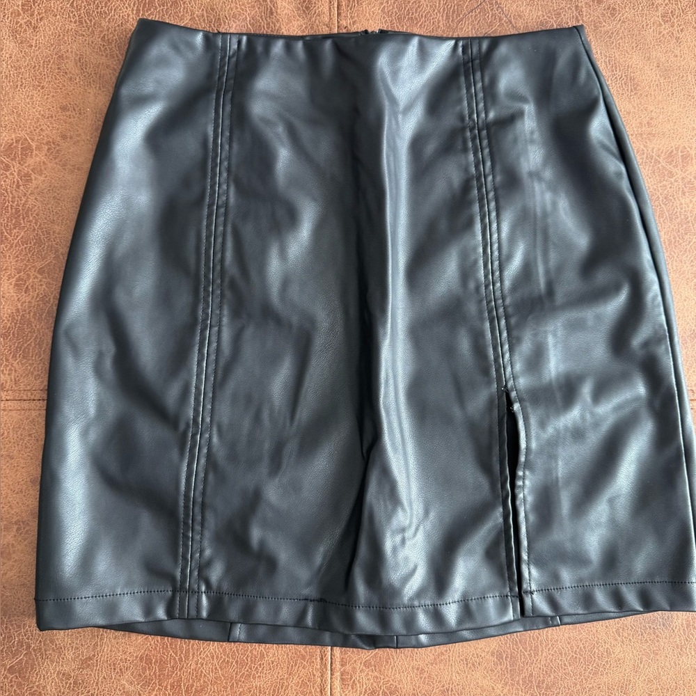 Black Leather Mini Skirt with Slit